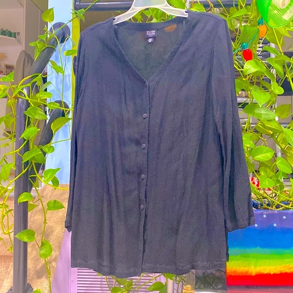Eileen Fisher Black Buttons Down Cardigan Tunic Crinkle Texture Fabric Size PM ! - Picture 5 of 10